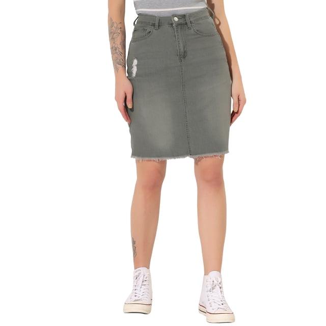 Unique Bargains Women's Basic Distressed High Waist Ripped Hem Washed Denim Skirt, Grey, S