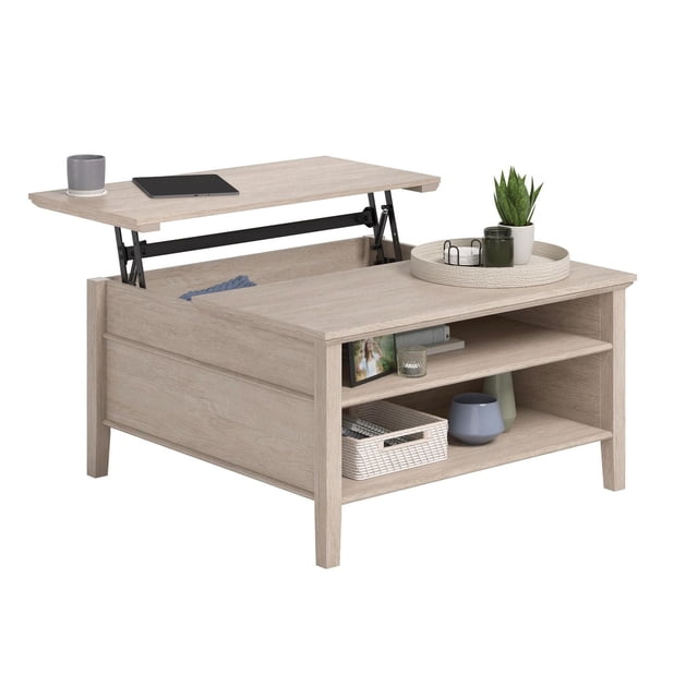 Sauder East Adara Table Basse à Plateau Relevable en Chêne Cascade de Forme Rectangulaire, avec une surface à Plateau Relevable Révélant un Rangement Caché, Deux Étagères Ouvertes pour Télécommandes et Déco, et une surface à Plateau Fixe Style avec un Plateau Rond Tenant une Plante et des Bougies, Convient à un Placage Polyvalent dans le Salon.