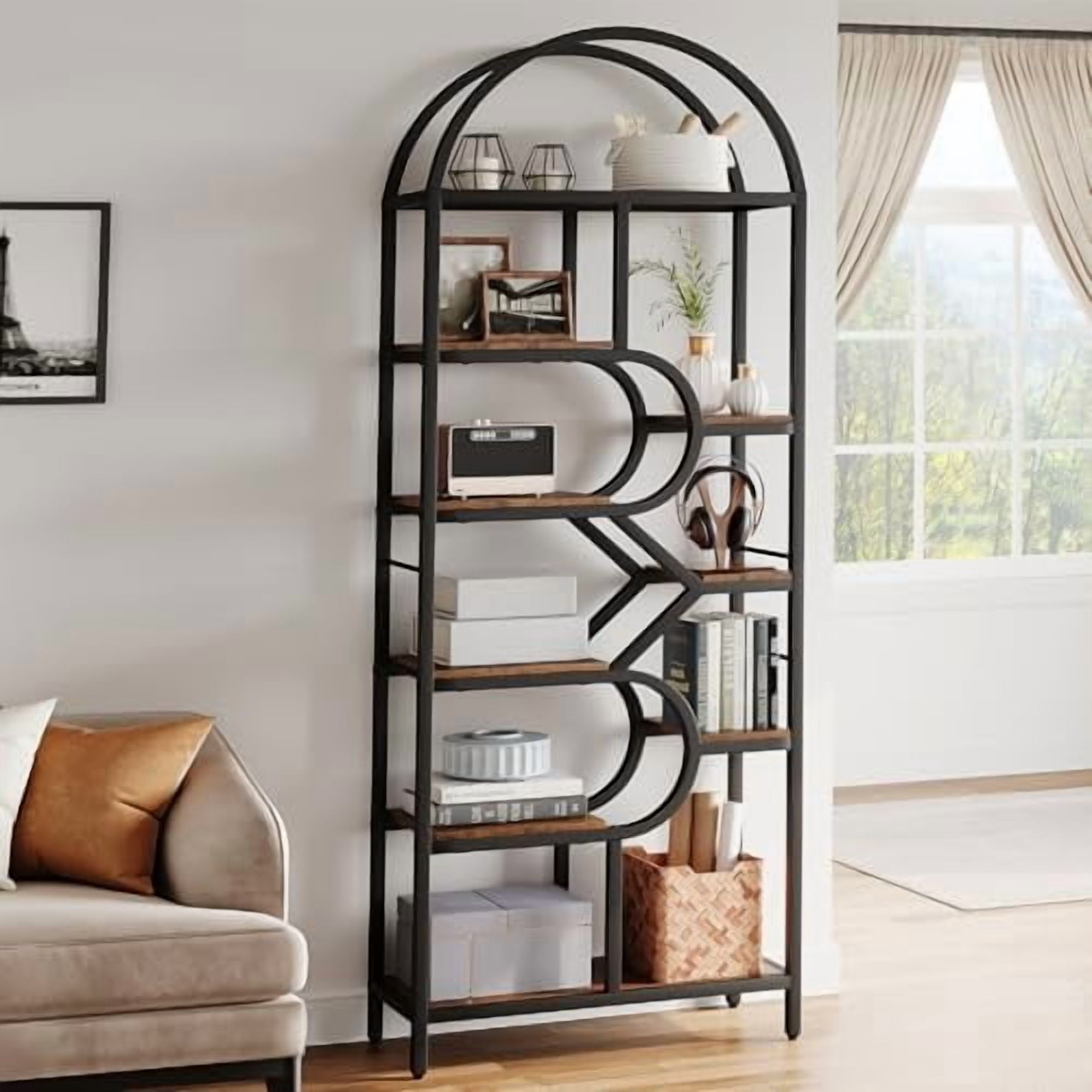 Bookshelf 6 Tier Arched Bookcase 81.7in Tall Display Racks Geometric Open Storage Shelf Unique Book Rack Metal Frame Large Modern Book Shelf for Bedroom, Living Room, Home Office