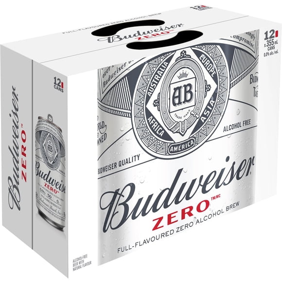 Budweiser Zero Non-Alcoholic Beer, 355 mL Cans, Pack of 12, Full-Flavoured, 0.0%