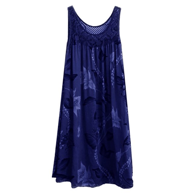 Birdeem Womens Spring/Summer Round Neck Lace Patchwork Printed Loose Sleeveless Dress