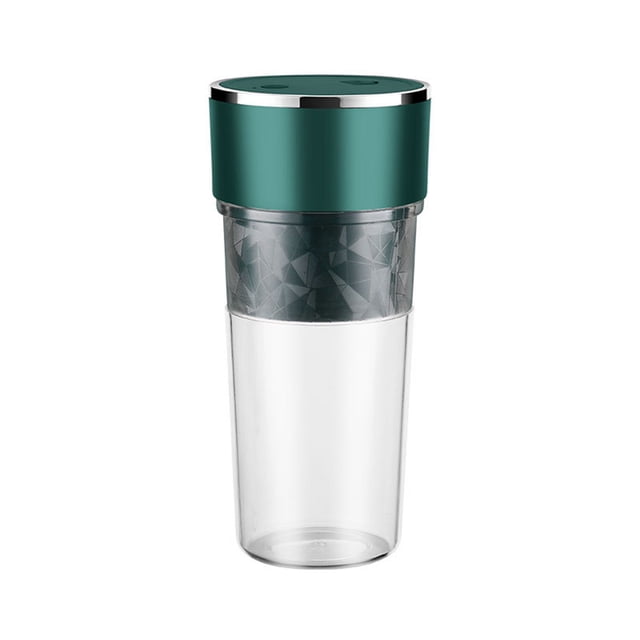 Portable Blender USB Rechargeable, a compact personal blender with 4 stainless steel blades and a 300ml capacity. Features a green lid and transparent body with a textured design on the upper section. Suitable for shakes, fruit juices, and travel use.