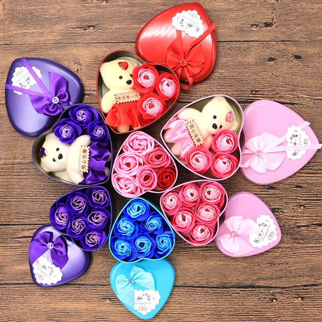 1 Set Artificial Soap Rose Flower Bear Doll Valentine Day Gift Box Party Decor