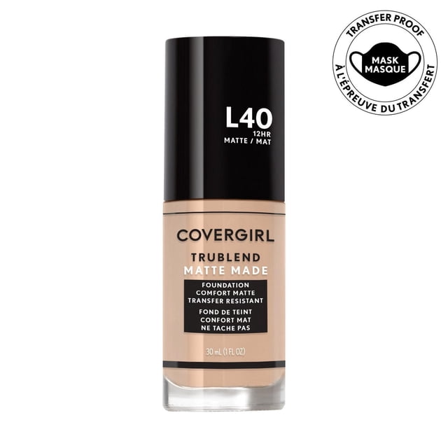 COVERGIRL Trublend Matte Made Foundation in shade L40, 30 ml liquid foundation with black cap, offering 12-hour transfer-resistant matte wear that controls oil and blurs pores, suitable for normal to oily skin and comfortable all-day use.