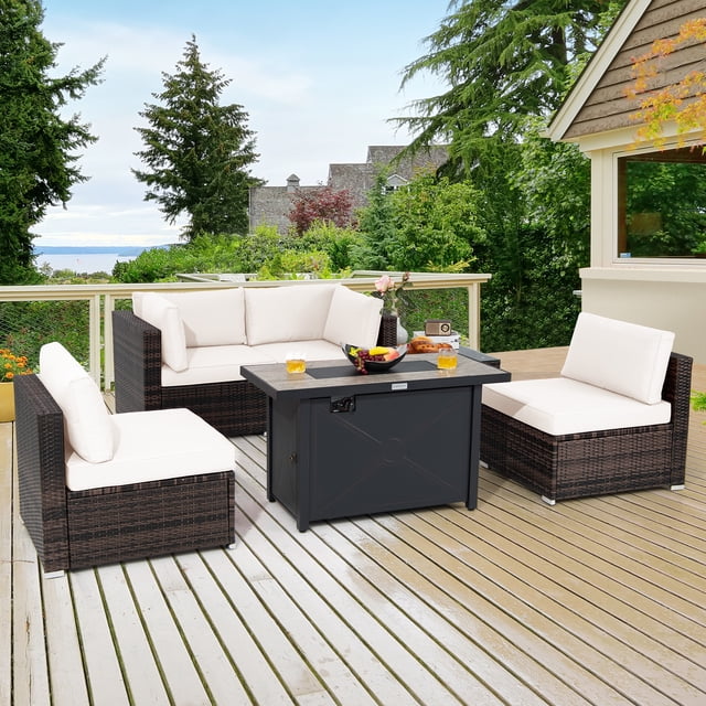 Costway 6PCS Patio Furniture Set Rattan Cushioned Gas Fire Pit Table Off White