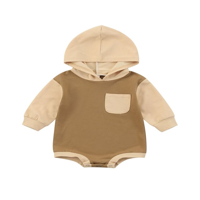 Infant Baby Boys Girls Long Sleeve Hooded Romper Contrast Color Stitching Triangle Jumpsuits with Pocket
