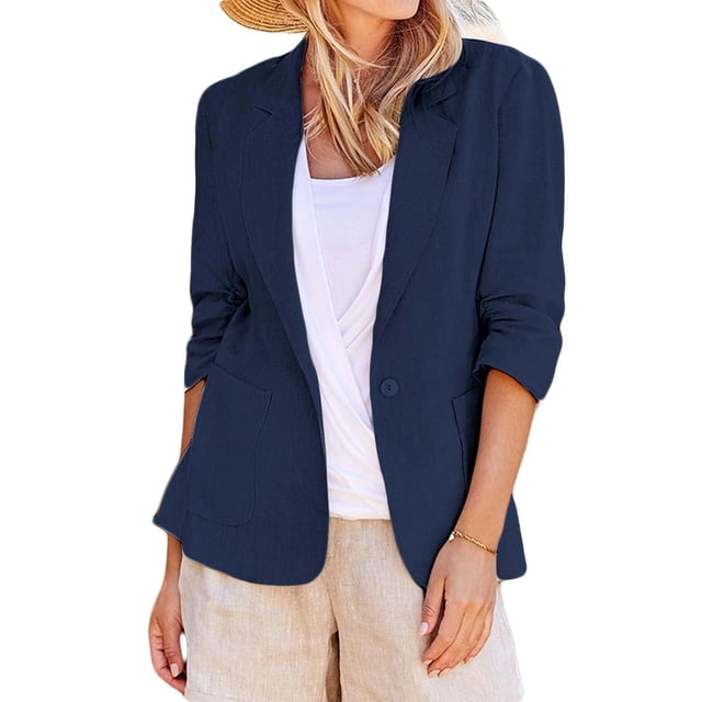 IMENGL Linen Casual 3/4 Stretchy Ruched Sleeve Lightweight Work Office Jacket, Blue 3XL, Size M-5XL