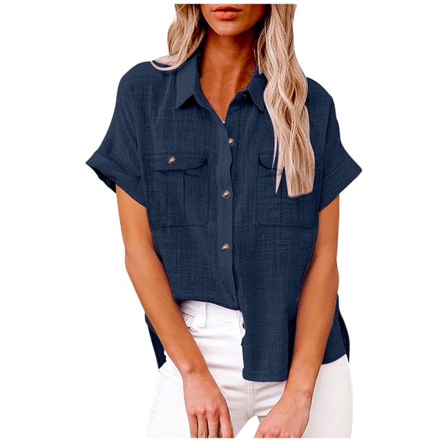GigrtiJin Womens Short Sleeve Lapel Shirts Solid Color Button down Loose Tunic Tops Casual Work Blouse with Pocket
