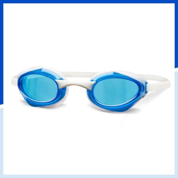 Accel Youth Swim Goggle - Blue/White featuring low-profile tinted blue lenses with UV protection and anti-fog coating, paired with a white soft silicone split head strap adjustable for a secure fit, suitable for kids aged 6 and up for swimming and water sports.
