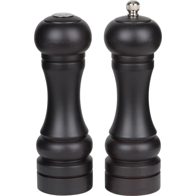 Trudeau Maison Seville 6-inch Pepper Mill and Salt Shaker Set in espresso wood finish, featuring a rounded top and ergonomic curved body, the pepper mill includes an adjustable metal grinder for fine to coarse seasoning, displayed side by side on a white background.
