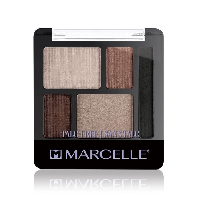Marcelle Talc-Free Quintet Eyeshadow with five nude and brown powder shades in shimmer and matte finishes, in a compact black case with clear lid and eco-friendly PCR packaging, hypoallergenic and suitable for sensitive eyes.