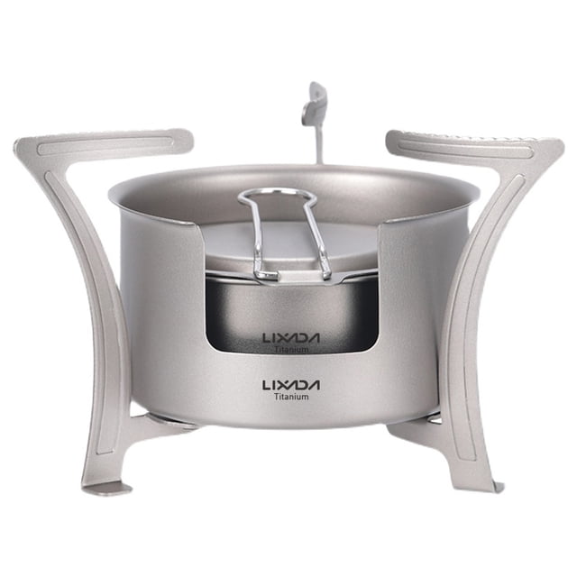 LIXADA Titanium Camping Ultralight Pocket Outdoor Folding Wood Burning Camping Pot Holder BBQ Firewood Bracket. Lightweight titanium camping stove with collapsible bracket, non-skid design, and 5kg bearing capacity. Includes 12 bottom holes for ash discharge and 24 air vents for efficient burning. Ideal for outdoor cooking, camping, hiking, and backpacking.