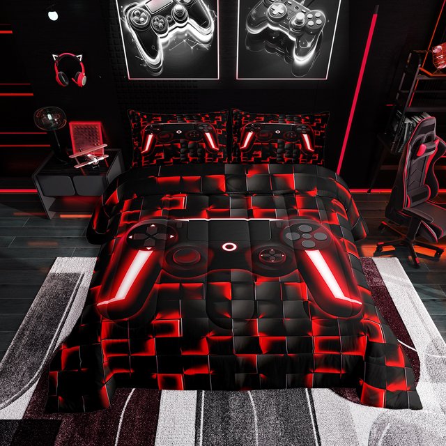 YST Gaming Bedding for Boys, Gamepad Full Size Comforter Sets, Red Checkered, Black Reversible
