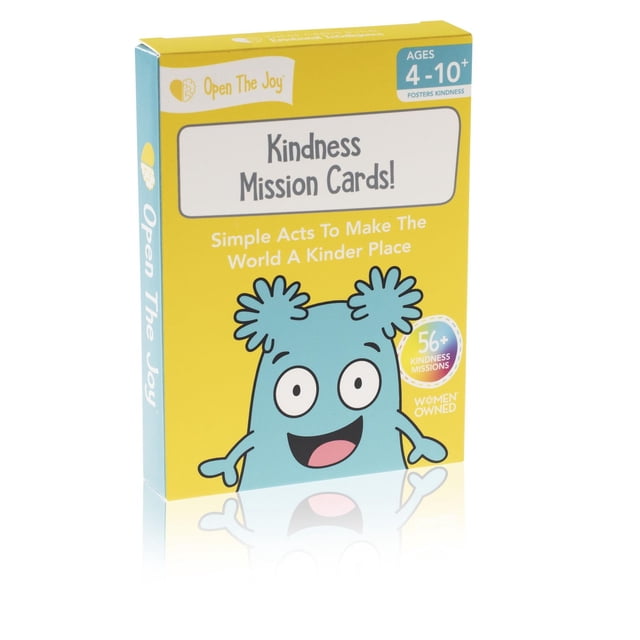 Kindness Mission Cards! box with a yellow front and blue sides featuring a smiling blue cartoon character. This set includes 56+ kindness missions for children ages 4 to 10+ to foster kindness, empathy, social skills, and emotional intelligence through simple acts, by Open The Joy.