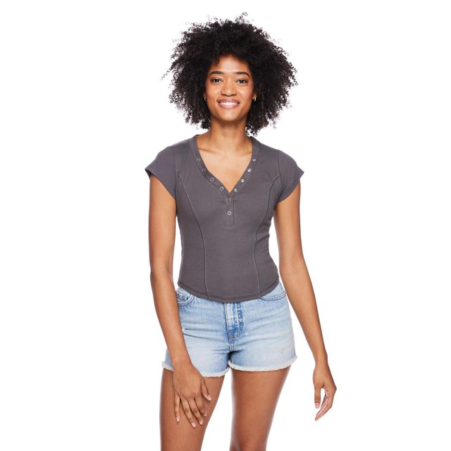 No Boundaries Women's Rib Henley Tee