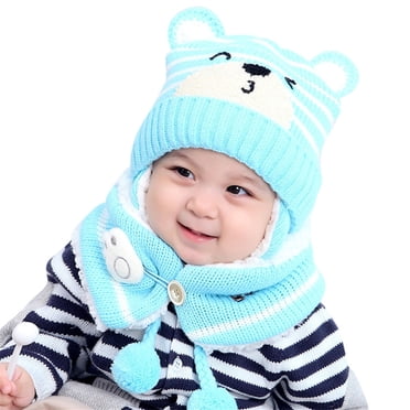 Fgnfyis Winter Hat Baby Boy Girl Toddler Bear Ear Cap Hat with Scarf Lined Knitted Cap Neckwarmer for Kids 2 Pieces Blue One Size