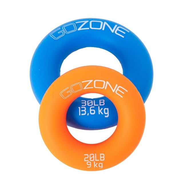 GoZone 2-Pack Hand Strength Rings in blue and orange silicone, with 20lb (9kg) and 30lb (13.6kg) resistance levels, designed for grip strength training, rehabilitation, and portable exercise to improve hand dexterity and circulation.