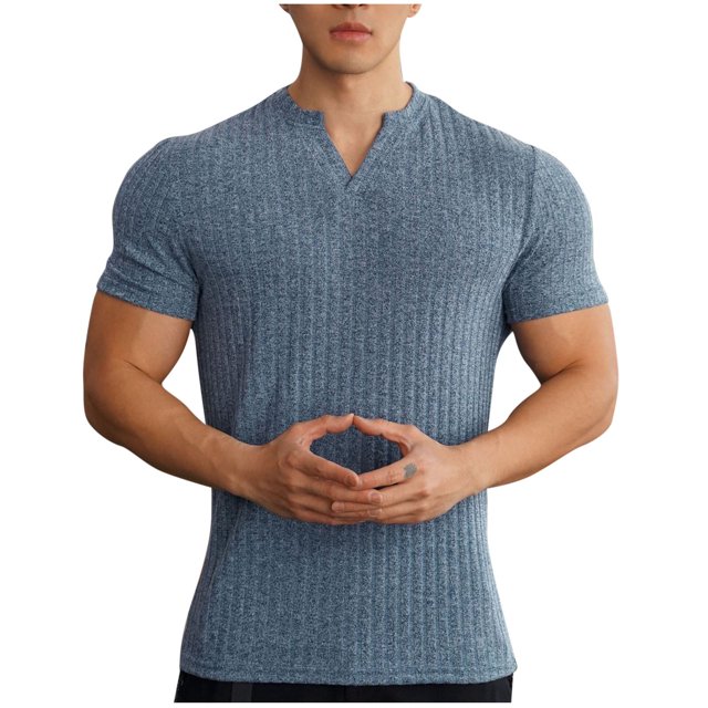 Men's Muscle T Shirts Stretch Short Sleeve V Neck Bodybuilding Workout Tee Shirts Slim Fit Ribbed Knit Shirt