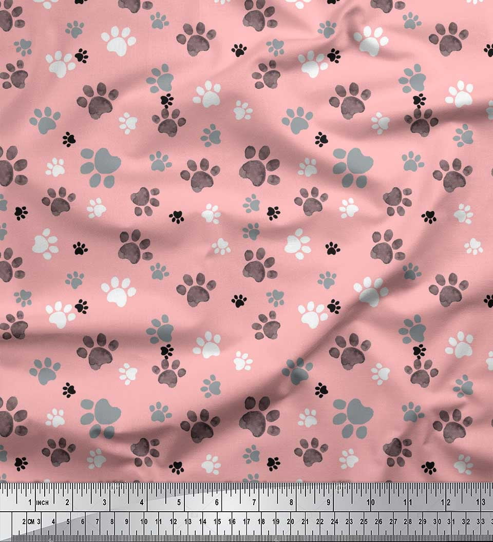 Soimoi Pink polyester Crepe Fabric Paw Dog Printed Fabric 1 Yard 52 Inch Wide