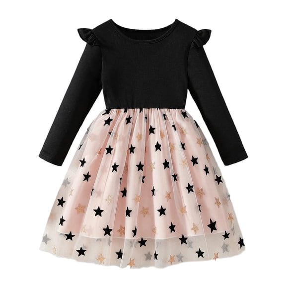 SBYOJLPB Girls' Stylish Princess Dress Long Sleeve Round Neck Solid Color Children's Dress with Fashionable Mesh Skirt Design