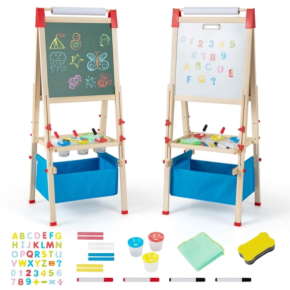 Costway Chevalet Artistique pour Enfants 3-en-1, Double Face, en Bois, Réglable, Magnétique, Planche à Dessin
