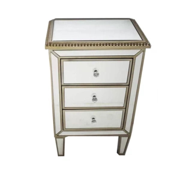 NIKEITA NIGHTSTAND with mirrored finish and gold-tone trim, featuring three storage drawers with crystal clear knobs, shown front-facing on a white background, ideal for bedroom furniture storage.