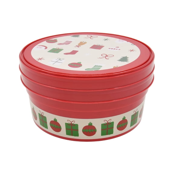 Christmas Festive Print Red Round Gift Storage Containers, Plastic, 2-pack, by Holiday Time