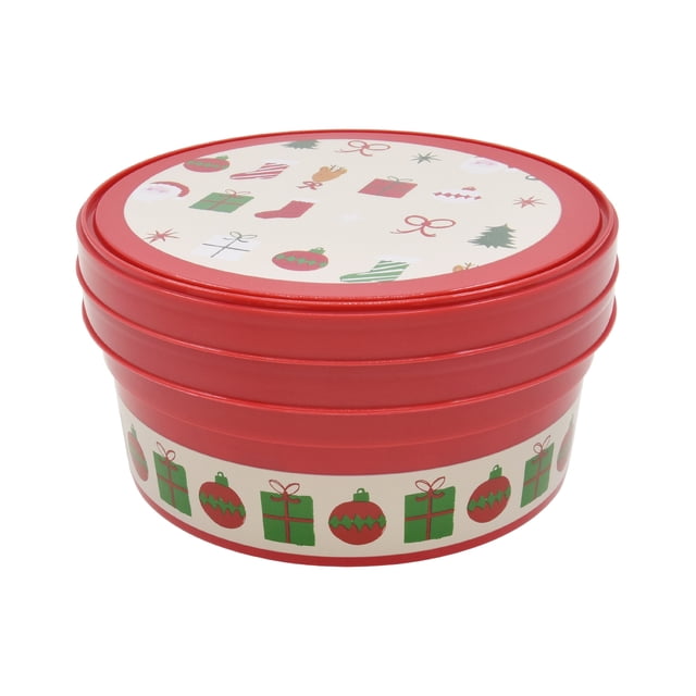 Christmas Festive Print Red Round Gift Storage Containers, Plastic, 2-pack, by Holiday Time