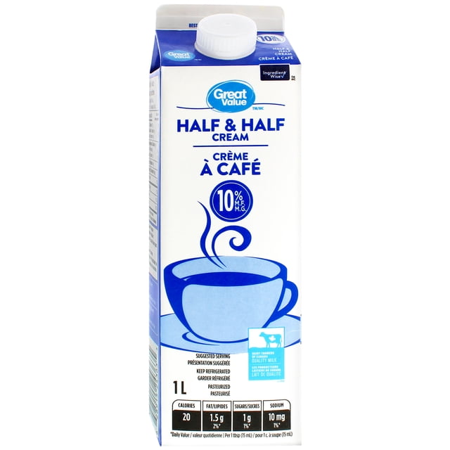 Great Value Half & Half Cream 1L carton with 10% milk fat, pasteurized dairy cream made with Dairy Farmers of Canada quality milk, featuring a blue coffee cup illustration and nutritional facts, ideal for coffee, sauces, and cooking.