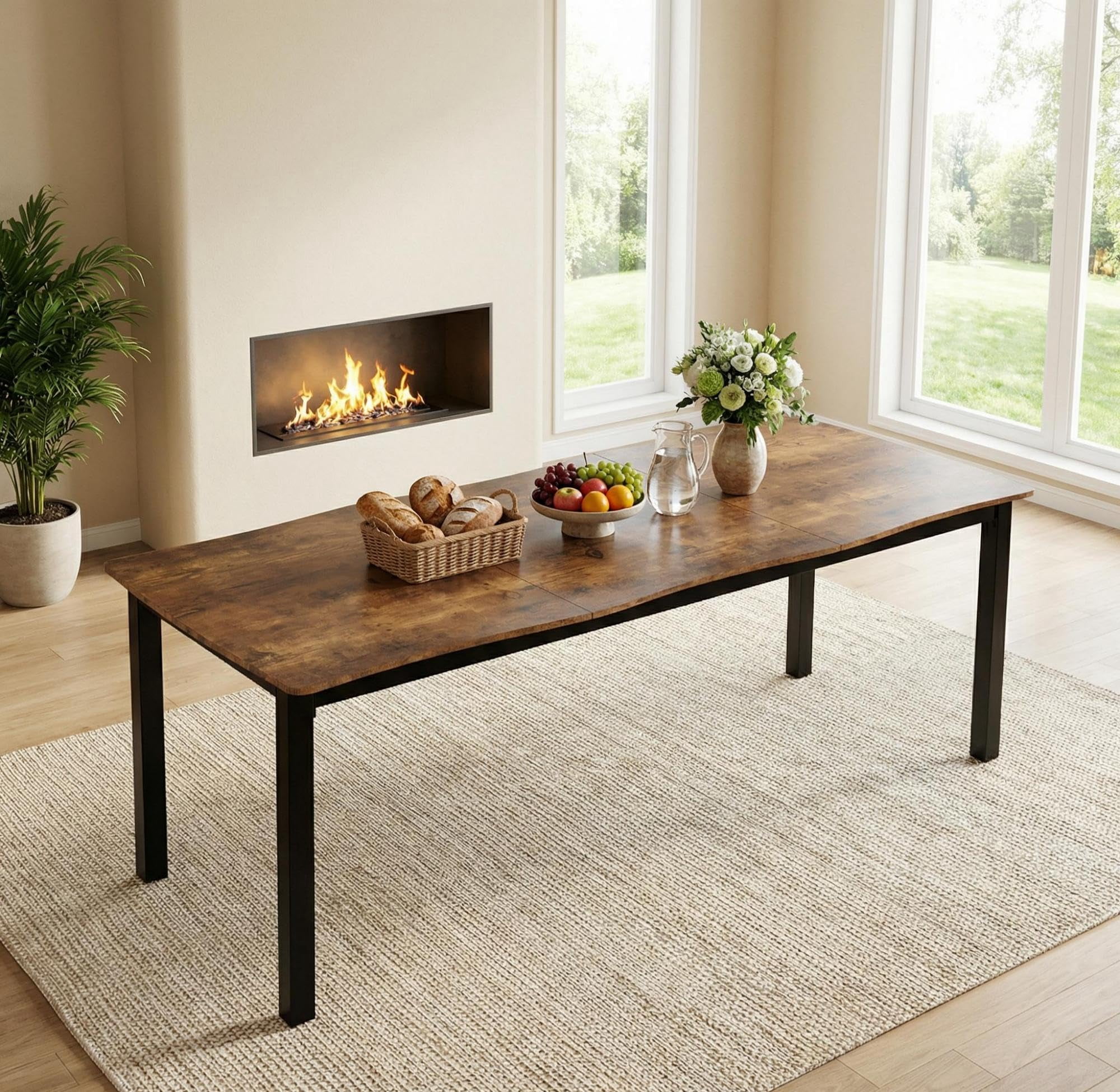 BeesClover 70.9" Dining Room Table for 6-8 People, Dining Table, Kitchen Table with Iron Legs and Irregular Desktop, Quick Assembly, 300 Lbs Capacity, for Kitchen, Living Room, Brown(Only Table)