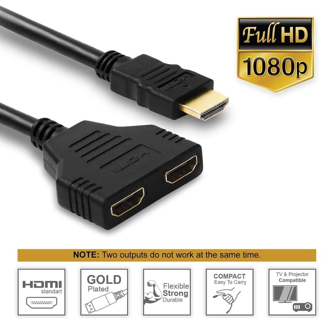 HDMI Splitter Adapter Cable featuring 1 HDMI male to 2 HDMI female connectors, designed for connecting one HDMI-compatible device to two visual output devices. The black cable supports resolutions of 480i, 480p, 720p, 1080i, and 1080p, with gold-plated connectors for enhanced signal transfer. Ideal for use with devices like Xbox, Blu-ray DVD players, PS3, and HDTVs. Note: Only one output device should be active at a time unless both displays share the same size and model. The cable is 300 mm in length and weighs 52g.