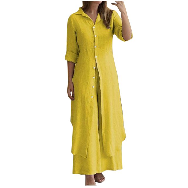 Timegard Lounge Sets for Women 2 Piece Plus Size Button up Slim Long Shirts Wide Leg Pants Trend Outfits