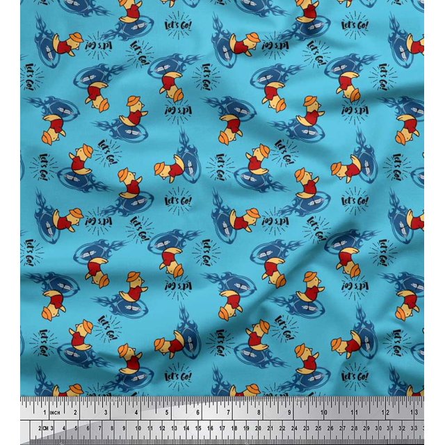 Soimoi Japan Crepe Satin Fabric Text,Rugby Ball & Bird Cartoon Decor Fabric Printed Yard 42 Inch Wide