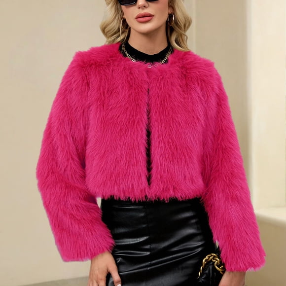 Mceream Women Faux Fur Coat Fluffy Long Sleeve Open Front Cropped Furry Jacket Shaggy 2025 Warm Winter Outwear with Pockets Plus Size Outwear Abrigo De Invierno Para Mujer Hot Pink S