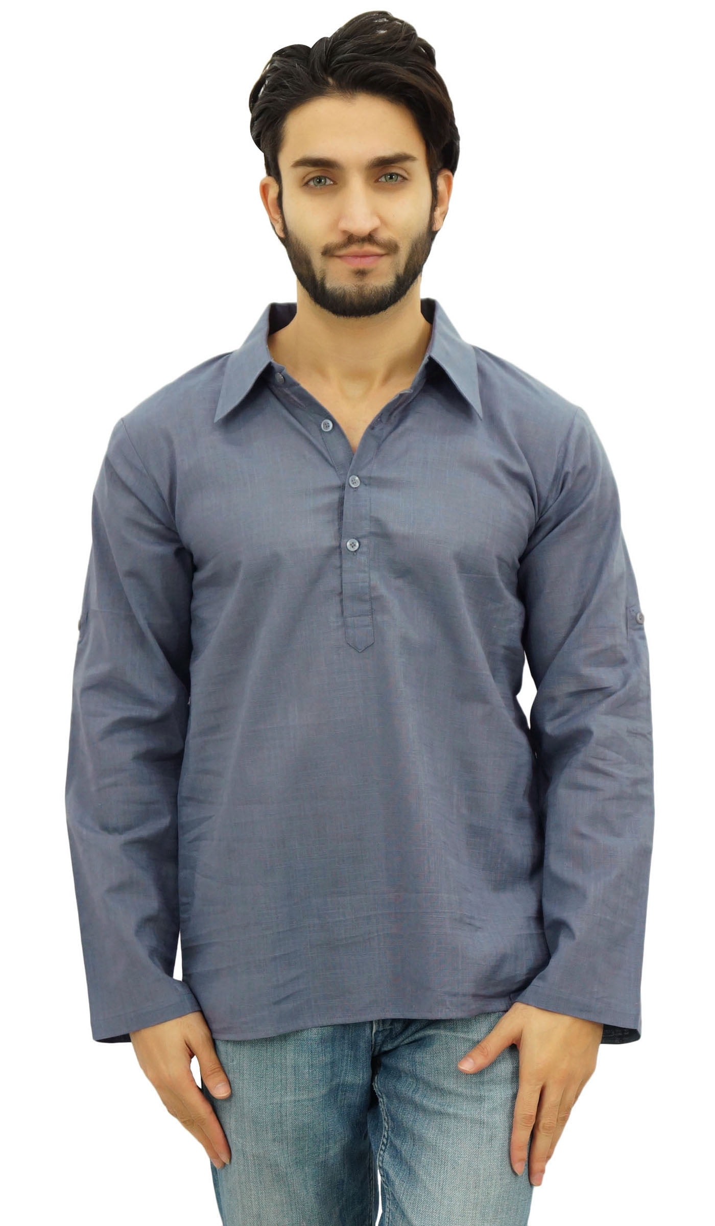Atasi Kurta Gris pour Homme Chemise à Col Rabattu Col Ethnique Indien Vêtements-Moyen