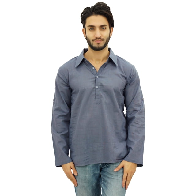 Atasi Kurta Gris pour Homme Chemise à Col Rabattu Col Ethnique Indien Vêtements-Petit