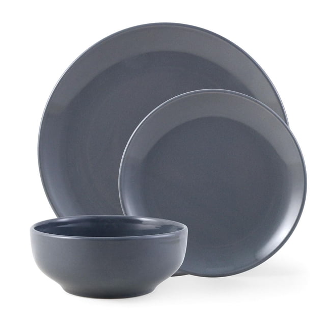 Mainstays Glazed Grey Stoneware Dinnerware Set, 12-Pieces with four 10.3-inch dinner plates, four 7.4-inch salad plates, and four 6-inch bowls in glazed grey stoneware, dishwasher- and microwave-safe, suitable for everyday and formal dining as well as outdoor use.