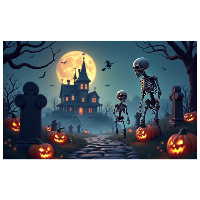 Spooky Scene Halloween Banner Gothic Theme Pumpkin Lantern Skeleton Design Cemetery Setting for Halloween Party Event Decor