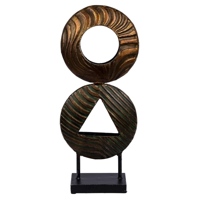 Truu Design Sculpture Métallique Abstraite Vintage Antique avec Deux Formes Circulaires Texturées Empilées, le Haut avec une Découpe Ronde et le Bas avec une Découpe Triangulaire, Fini en bronze Antique et Patine Verte sur une base Rectangulaire Noire, Mesurant 8,5 par 19,5 Pouces, Convient comme accent Décoratif pour la Maison.