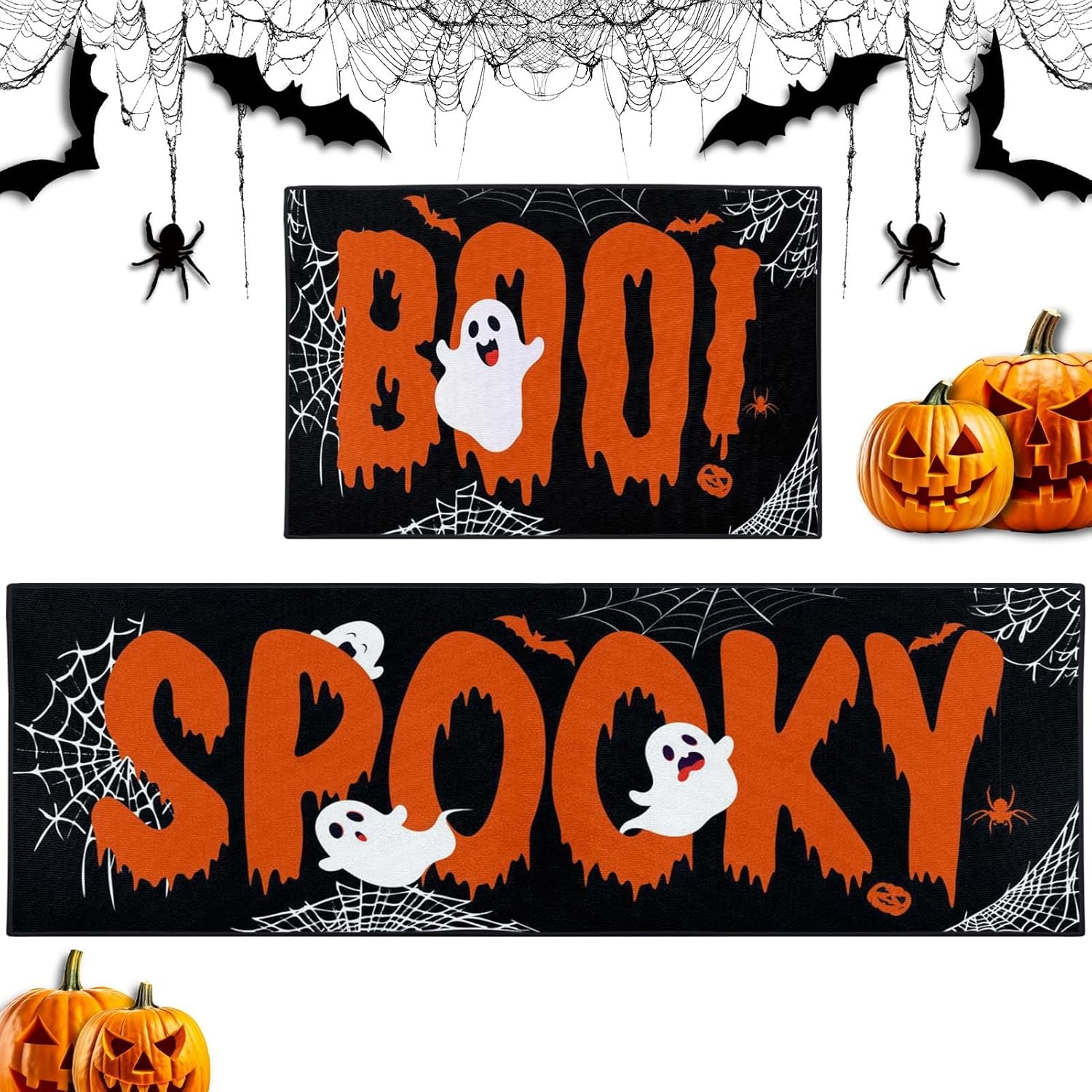 Cool Ghost Retro Kitchen Rugs and Mats Non Skid Washable Set of 2, Funny Halloween Spider Web Kitchen Floor Mats, Spooky Boo Orange Kitchen Runner Rug, Black Horror Kitchen Decor