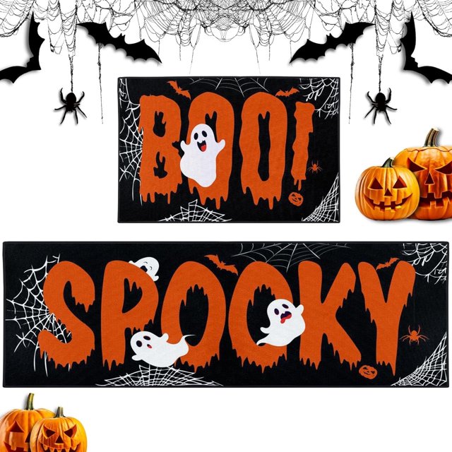 Cool Ghost Retro Kitchen Rugs and Mats Non Skid Washable Set of 2, Funny Halloween Spider Web Kitchen Floor Mats, Spooky Boo Orange Kitchen Runner Rug, Black Horror Kitchen Decor
