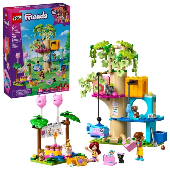 LEGO Friends Cat Birthday Party & Tree House Building Toy - Pretend Play Building Blocks W/ Cat Toys & 2 Minidolls - Creative Storytelling Kids Toy for Girls and Boys, 9+ - Birthday Gift Idea- 42666