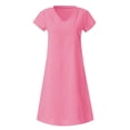 thumbnail image 4 of Tumotour Robe d'Été pour Femmes à Col en V, Longueur Genou, Robe Décontractée, Couleur Unie, Manches Courtes, Coupe Ample, Robe de Vacances, Robe en Lin pour la Plage, Sorties, Fête, Rendez-Vous, 4 of 5