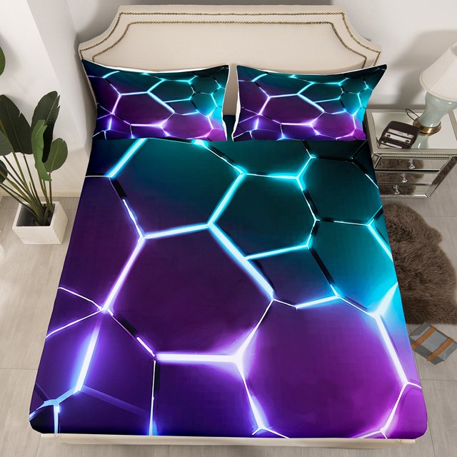 Erosebridal Teens Geometry Fitted Sheet Full, Futuristic Abstract Fitted Sheet Set Full, Striped Decor, 3pcs(No Top Sheet)