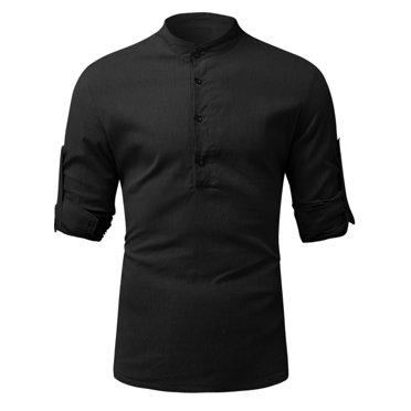 HWRETIE Men's Linen Shirt Stand Collar Pullover Short Sleeve Casual Beach Shirt Breathable Lightweight Summer Top For Vacation Travel Daily Wear