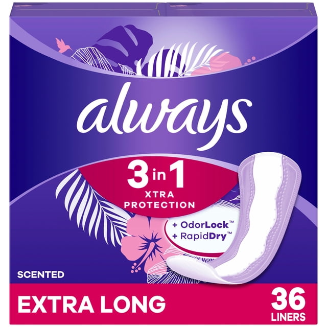 Always Xtra Protection Doublures Quotidiennes 3-en-1 pour Femmes, Longueur Extra Longue, Parfumées, en Emballage Violet avec Motif floral, avec Technologie OdorLock et RapidDry, Contenant 36 Doublures pour une Protection Multi-Fluides et une Fraîcheur Toute la Journée.