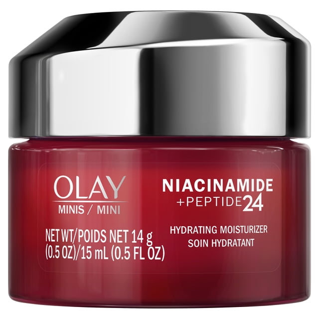 Olay Regenerist Niacinamide + Peptide 24 Hydrating Face Moisturizer travel size in a red jar with a shiny silver lid, labeled with net weight 14 g (0.5 oz) and volume 15 mL (0.5 fl oz), designed to hydrate and strengthen the skin barrier.
