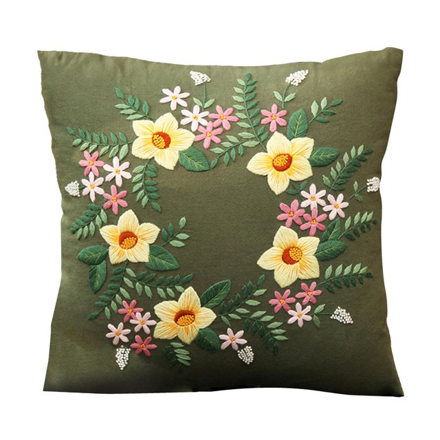 DIY Embroidery Pillow Covers Cushion Cover Floral Pattern Fabric Pillow Case green1