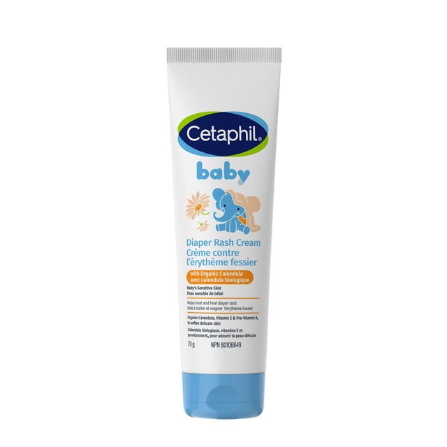 Cetaphil Baby Diaper Rash Cream with Organic Calendula 70g tube with white body and blue cap, showing a blue elephant and calendula flowers illustration, formulated for sensitive baby skin to treat and heal diaper rash, hypoallergenic and pediatrician recommended baby skin care product.