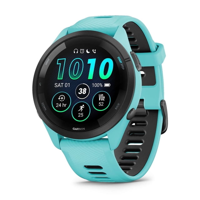 Garmin Forerunner® 265 black and aqua GPS running smartwatch with 46 mm AMOLED touchscreen showing time, date, battery, VO2 max, and 24-hour activity, featuring lightweight aqua silicone strap, multi-band GPS, and training readiness for optimized workouts.